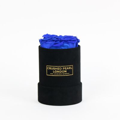 Blue Forever Roses - Kleine Hutschachtel aus schwarzem Wildleder