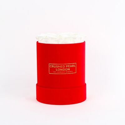 White Forever Roses - Medium Red Suede Hatbox