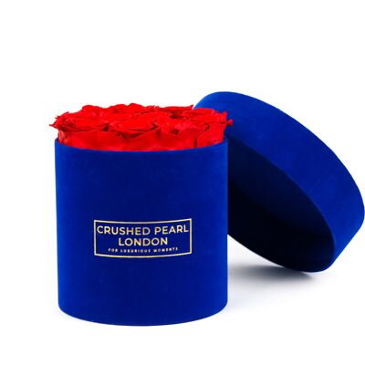 Red Forever Roses - Medium Blue Suede Hatbox