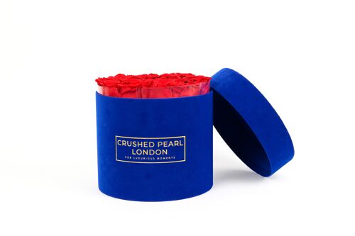 Red Forever Roses - Large Blue Suede Hatbox