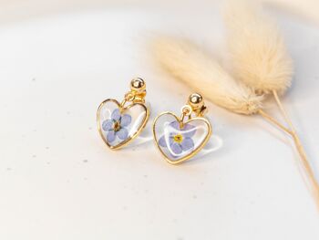 Boucles d'oreilles clous en forme de coeur avec de vraies fleurs myosotis 6