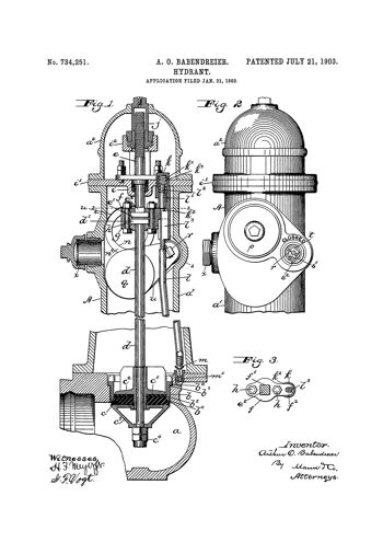 Impression de dessin de brevet : incendie américain, bouche d'eau 3