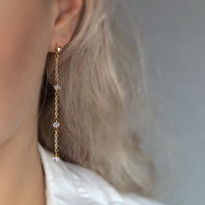 Clous d'oreilles longs IVY avec perles de verre transparentes à facettes