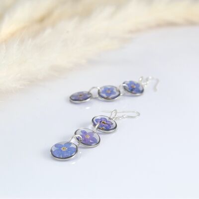 Amalia long round earrings with triple real forget-me-nots