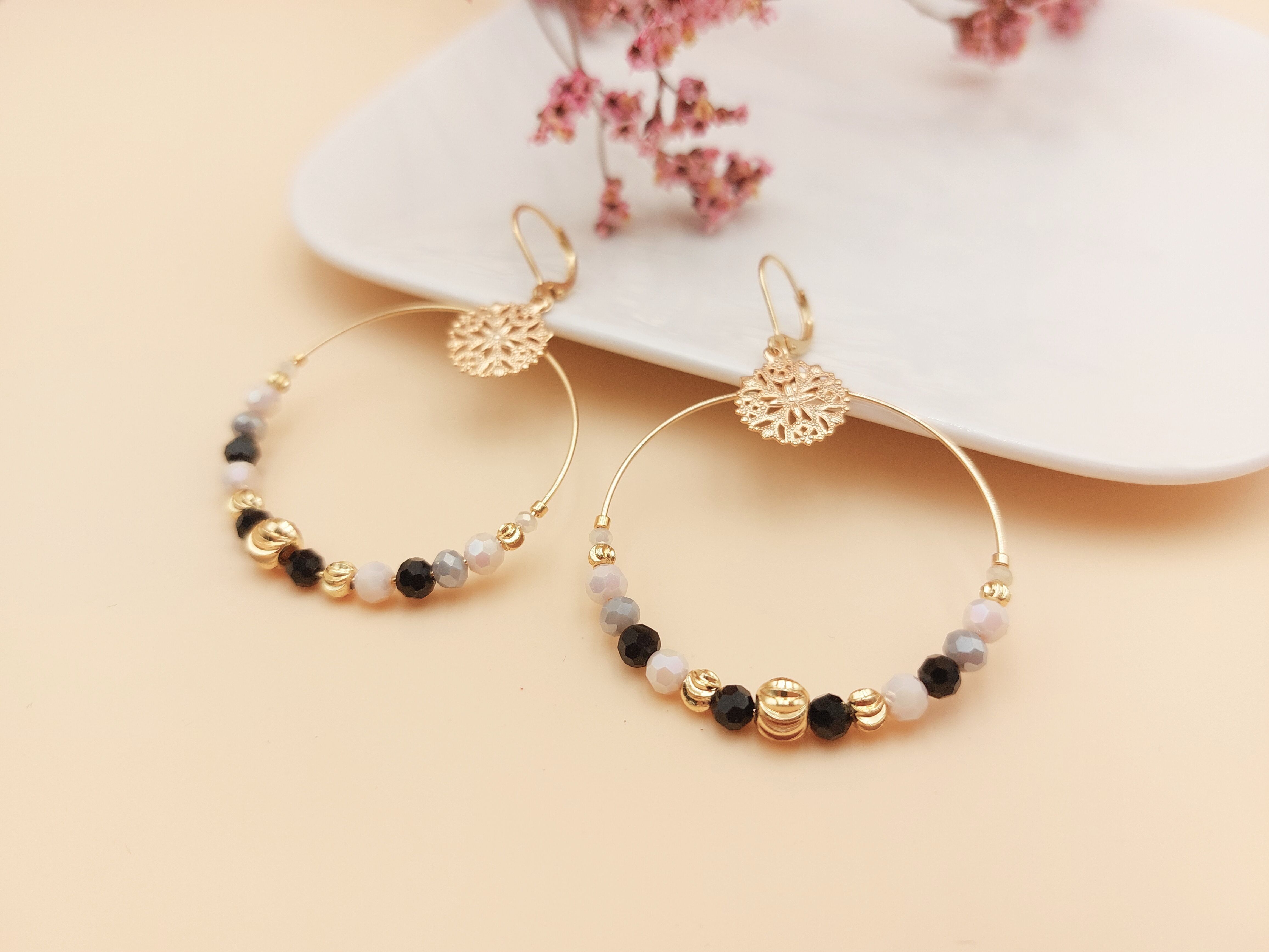 Pendientes de aro de encaje Jeanne - Negro azabache