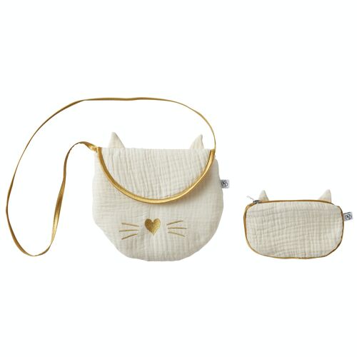 Sac bandoulière fillette + porte-monnaie Chat Gaze crème/dorée