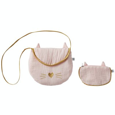 Girl's shoulder bag + cat purse - Pink/gold gauze