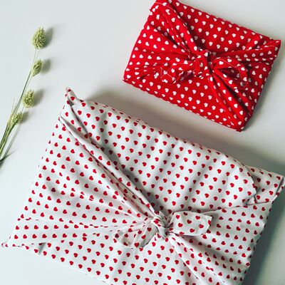 Furoshiki gift towels red or white with hearts, size S 35x35cm, M 50x50cm, L 70x70cm, XL 90x90cm, packaging fabric, wrap cloth