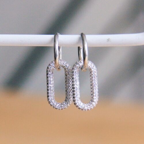 Stainless steel earring with oval crystal pendant - silver