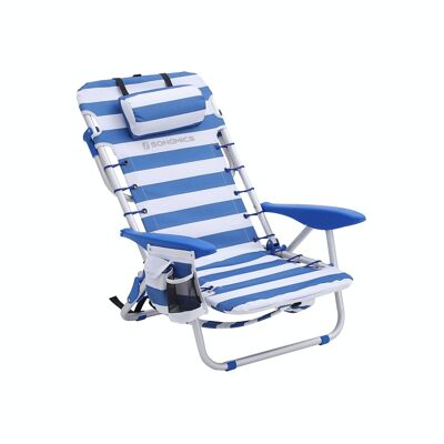 Strandstoel met blauwe en witte kussens
