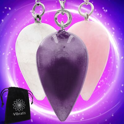 Divinatory Dowsing Pendulum x3 - Pack 3 Water Drop Pendulums: Amethyst, Rose Quartz & Rock Crystal