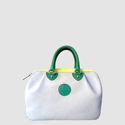 Medium Kalos Bag in Stone and Lime Color Box Leather with removable shoulder strap