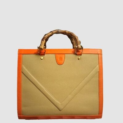 Bolso de mano grande Leyre de piel vacuna en beige y naranja