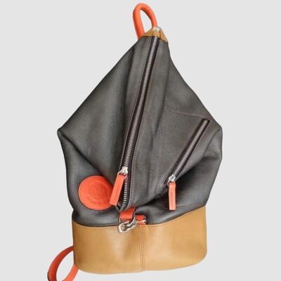 Anoki unisex backpack in anthracite grey, leather and orange cowhide