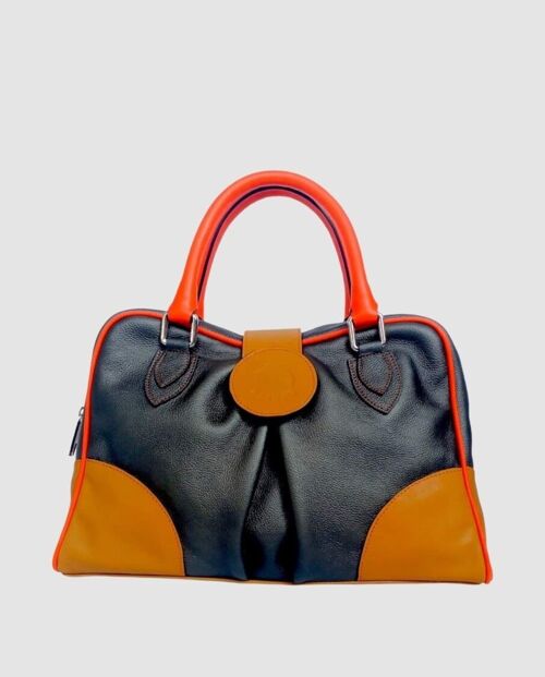 Bolso de mano Allegra en piel vacuna antracita, cuero y naranja