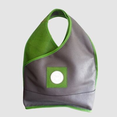 Maxi sac bandoulière Amandine en cuir de vachette gris plomb et effet autruche vert mousse