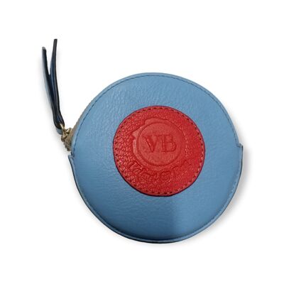 Round Leather Purse in Sky Blue and Coral