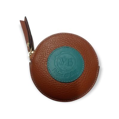 Round Purse in Camel and Turquoise Green Calfskin
