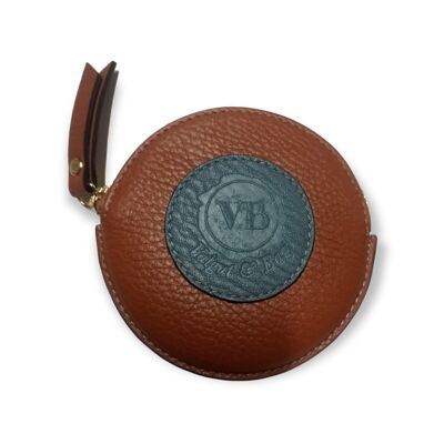 Round Purse in Camel and Greenish Blue Calfskin