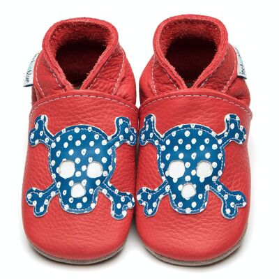 Leather Baby Shoes with Suede or Rubber Sole - Skull Red