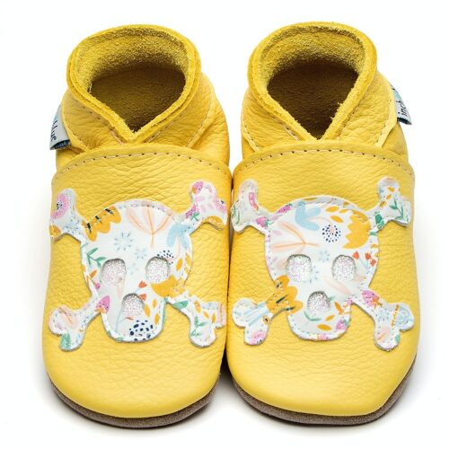 Leather Baby Shoes with Suede or Rubber Sole - Skull Yellow