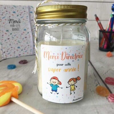 Bougie Jar "Merci Directrice pour cette super année !" - cadeau Directrice école – Dessins d'enfants