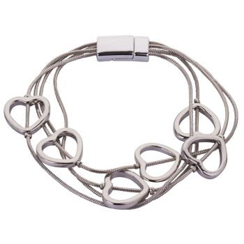 Bracelet en argent rhodié avec fermoir magnétique multicouche et cœurs chéris