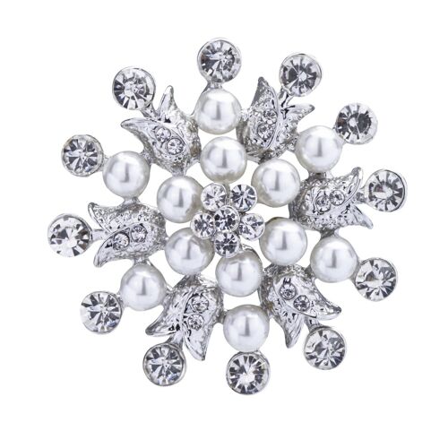 Audrey Rhodium Silver Cream Crystal Faux Pearls Pin Brooch