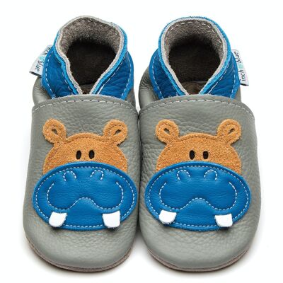 Pantuflas de Bebé en Piel - Hippo Gris/Azul