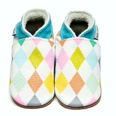 Chaussures Bébé en Cuir Semelle Daim ou Caoutchouc - Arlequin Pastel