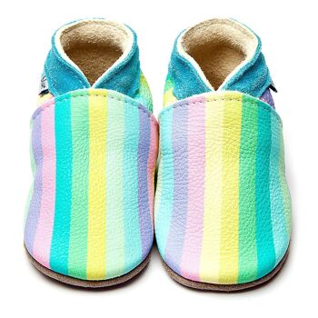 Chaussures Bébé en Cuir Semelle Daim ou Caoutchouc - Rayures Arc-en-Ciel Pastel 1