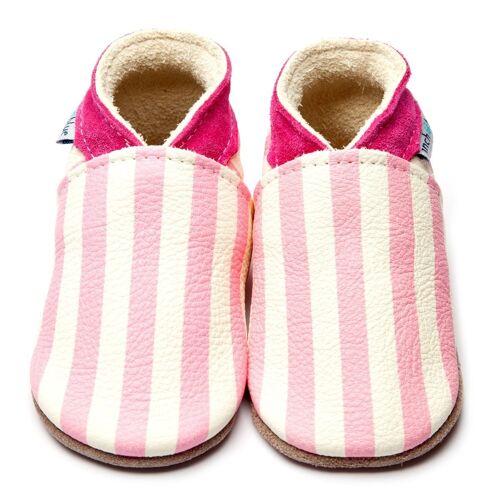 Baby Leather Shoes with Suede or Rubber Sole - Stripes Pink