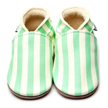 Chaussures Bébé en Cuir Semelle Daim ou Caoutchouc - Rayures Menthe 1