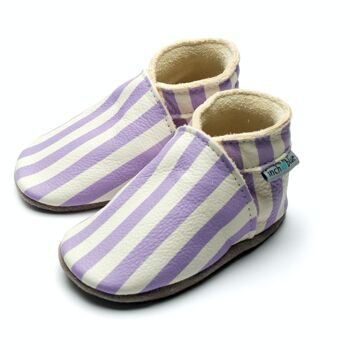Chaussures Bébé en Cuir Semelle Daim ou Caoutchouc - Rayures Lilas 2