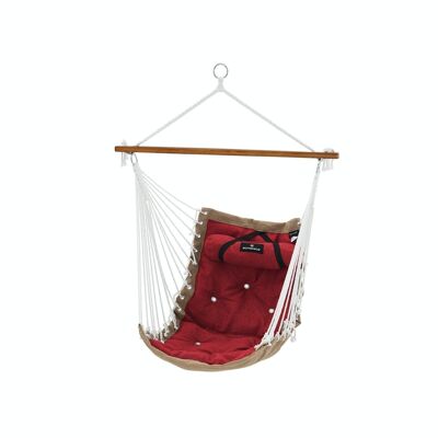 Hanging chair with red-khaki cushions
