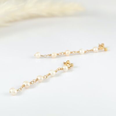 Orecchini pendenti lunghi da sposa con perle d'acqua dolce in argento sterling/oro