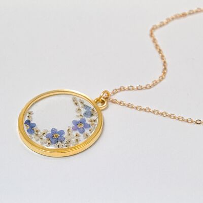 Crescent Moon shape real flower forget me not necklace