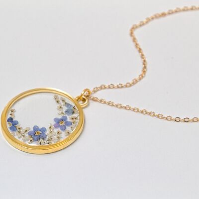Crescent Moon shape real flower forget me not necklace