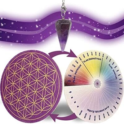 Amethyst Divinatory Pendulum + Wooden Flower of Life to recharge Stones and Pendulums & Bovis Scale - 11.5CM | 100% Made in France