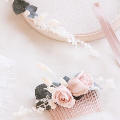 Peigne mariage " Rose romantique & eucalyptus"