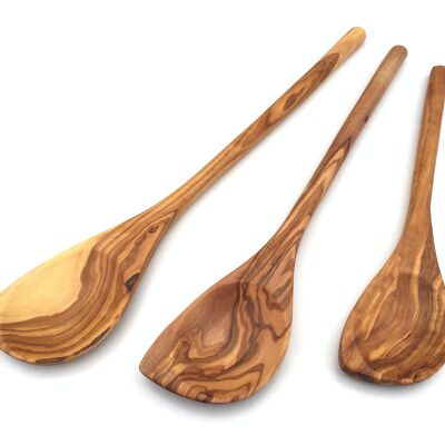 Cooking spoon with a pointed, round handle made of olive wood