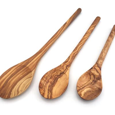 Cooking spoon with round oval handle made of olive wood