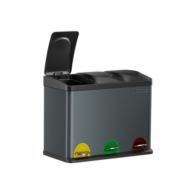 Poubelle 3 x 15 litres avec couvercle et seau intérieur gris fumé-noir