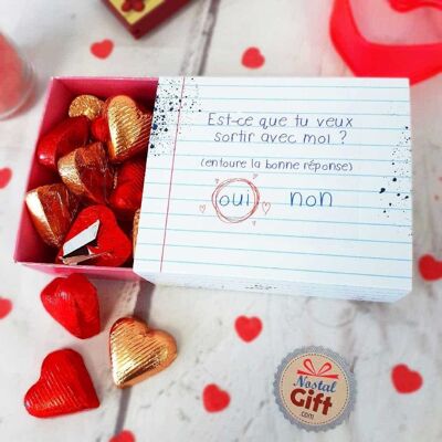Caja San Valentín - Corazón de chocolate negro y con leche relleno de praliné x20 - "¿Quieres salir conmigo?"