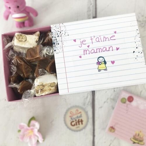 Boîte de 10 nougats tendres et 10 caramels au beurre salé - "Je t'aime Maman"