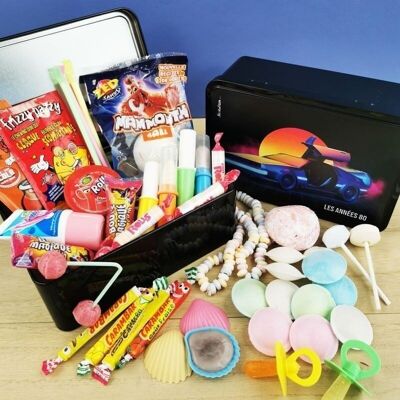 Delorean car tin box filled with 80s sweets