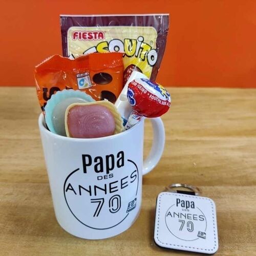 Porte clé & Mug "Papa des années 70" rempli de bonbons rétro - Cadeau Papa