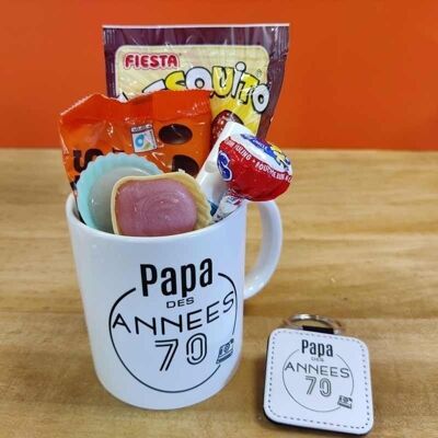 Portachiavi e tazza "Papà anni '70" pieni di dolci retrò - Regalo papà