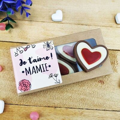 Corazones "Te amo abuela" en chocolate con leche rojo y blanco x4