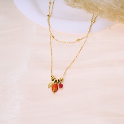 Collar doble cadena dorada y mini perlas rojas